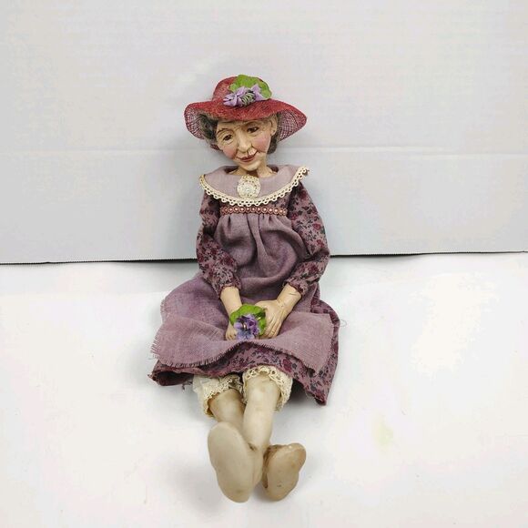 OOAK Dianne Adam Signed Handmade Folk Art Doll – Elder Lady w/ Hat & Flower - Picture 2 of 12